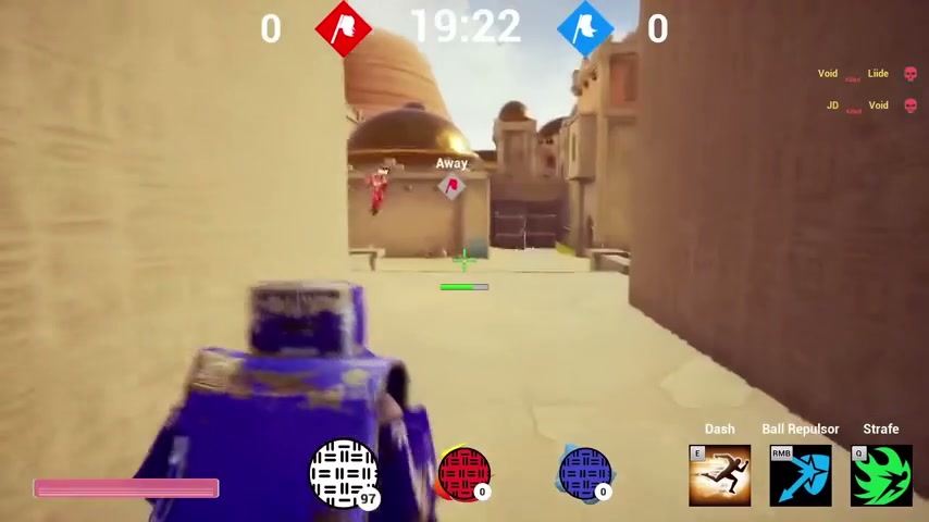 Equinox gameplay with a visible opponent, capture-the-flag indicators, match timer, health bar, ball inventory, and ability icons
