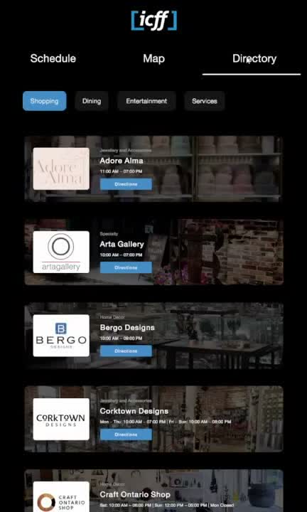 Distillery District directory showing category filters, business listings, opening hours, and directions buttons