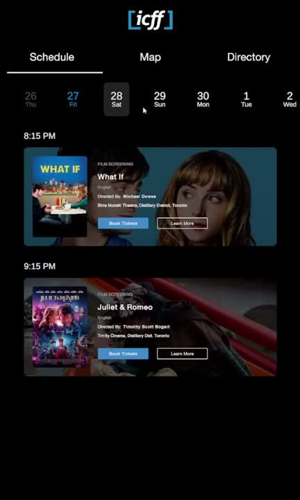 Inclucity schedule with selectable dates, screening times, film posters, and booking and information buttons