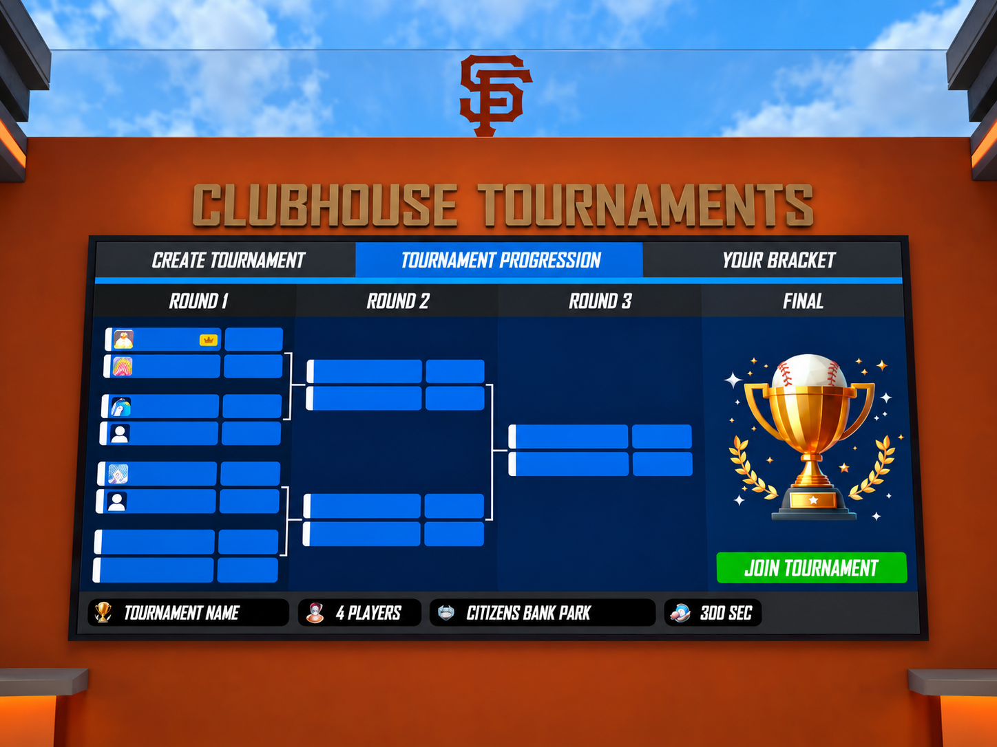 Front-facing presentation of the MLB Home Run Derby VR tournament board, with round brackets and the final trophy